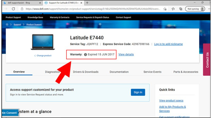 Thông tin bảo hành laptop Dell tại mục Warranty
