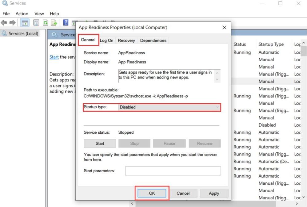 Tắt dịch vụ App Readiness