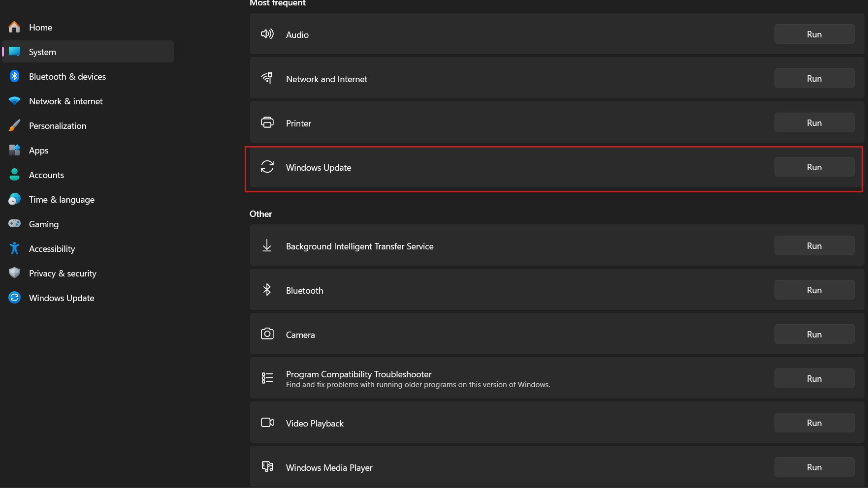 Tìm mục Windows Update và nhấn Run the troubleshooter.